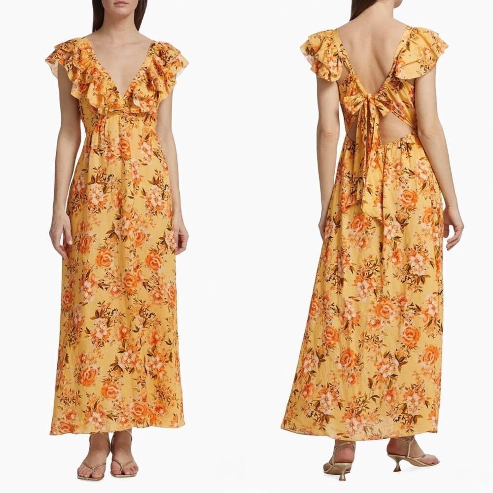 NWT Kivari Calypso Amelia Floral Ruffle Linen Blend Maxi Dress Yellow 4 Small